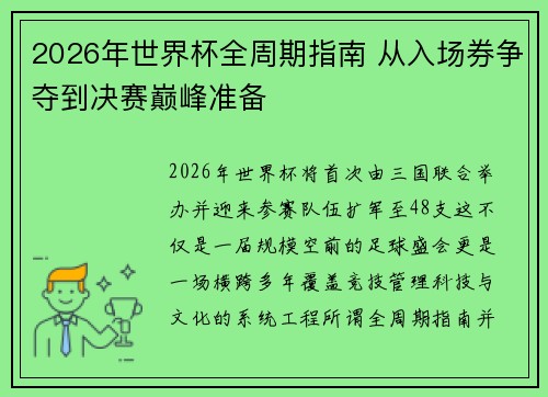 2026年世界杯全周期指南 从入场券争夺到决赛巅峰准备 2026年世界杯全周期指南 从入场券争夺到决赛巅峰准备
